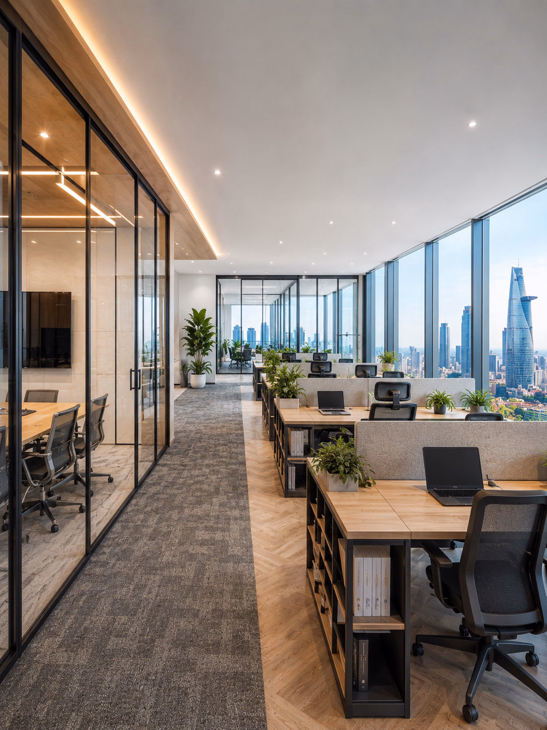 Managed office lounge and meeting rooms with glass partitions
