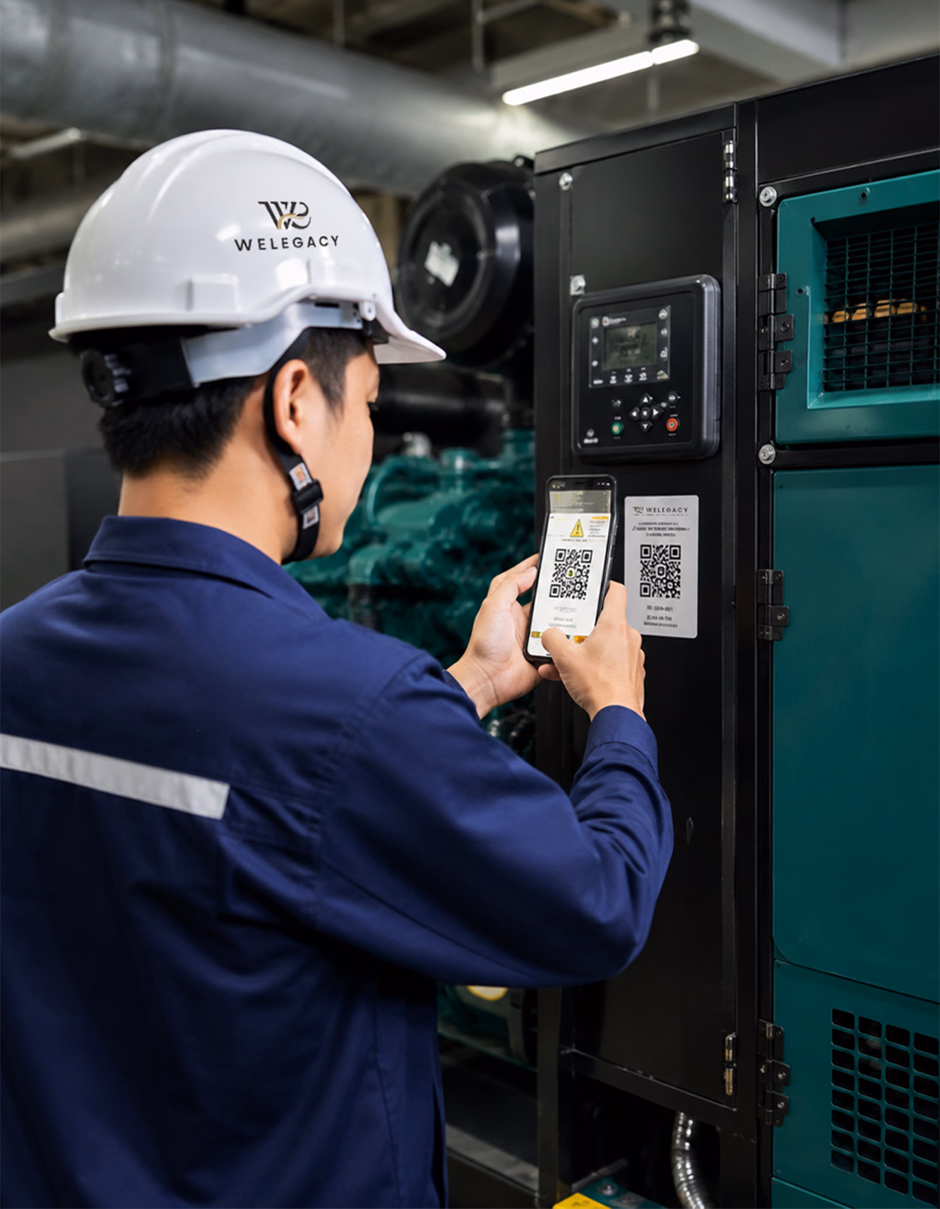 Technician scanning a smart systems code in a plant room